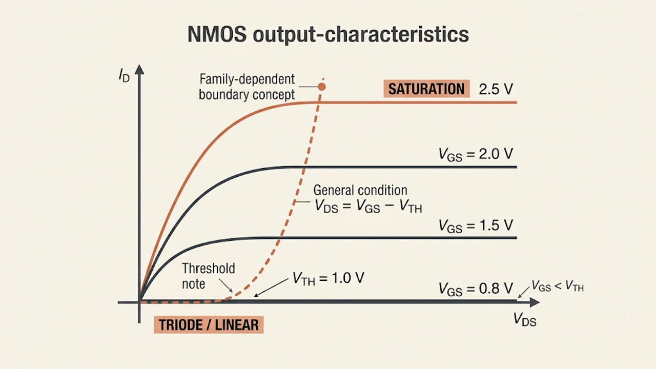 NMOS 输出特性曲线和工作区示意图